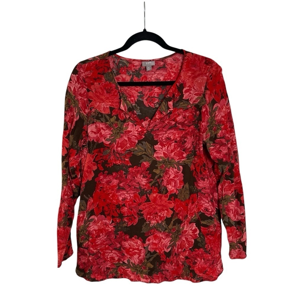 J. Jill Women’s Medium Brown Pink & Red Floral Popover Blouse